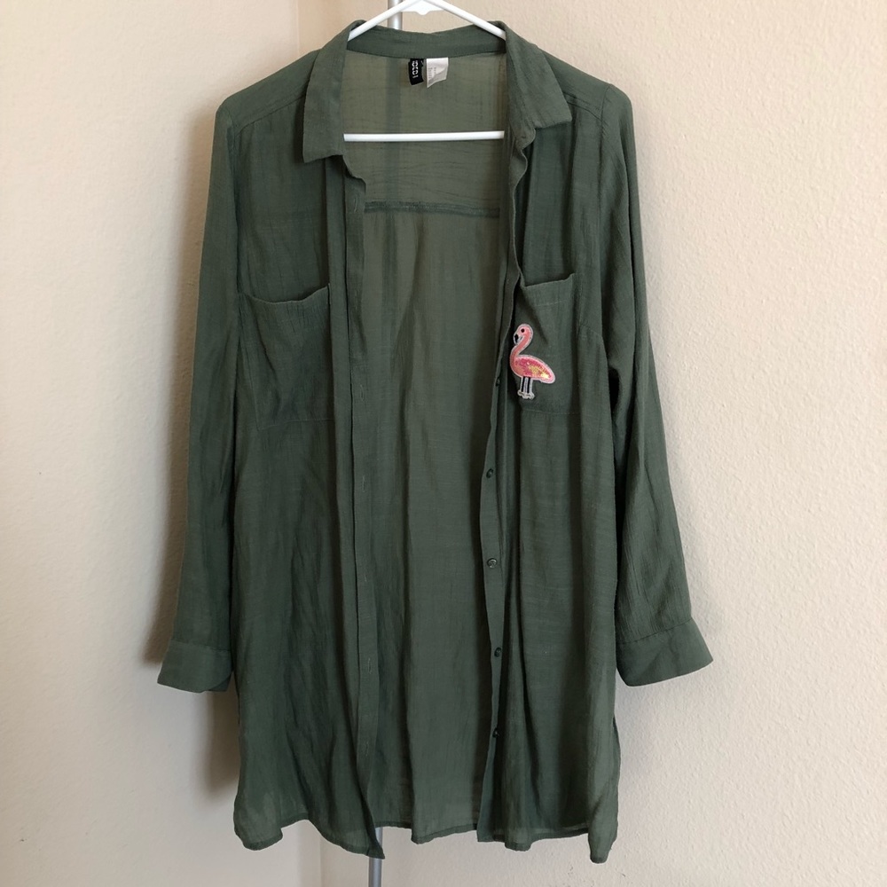 H&M Long Button Down Flamingo Top